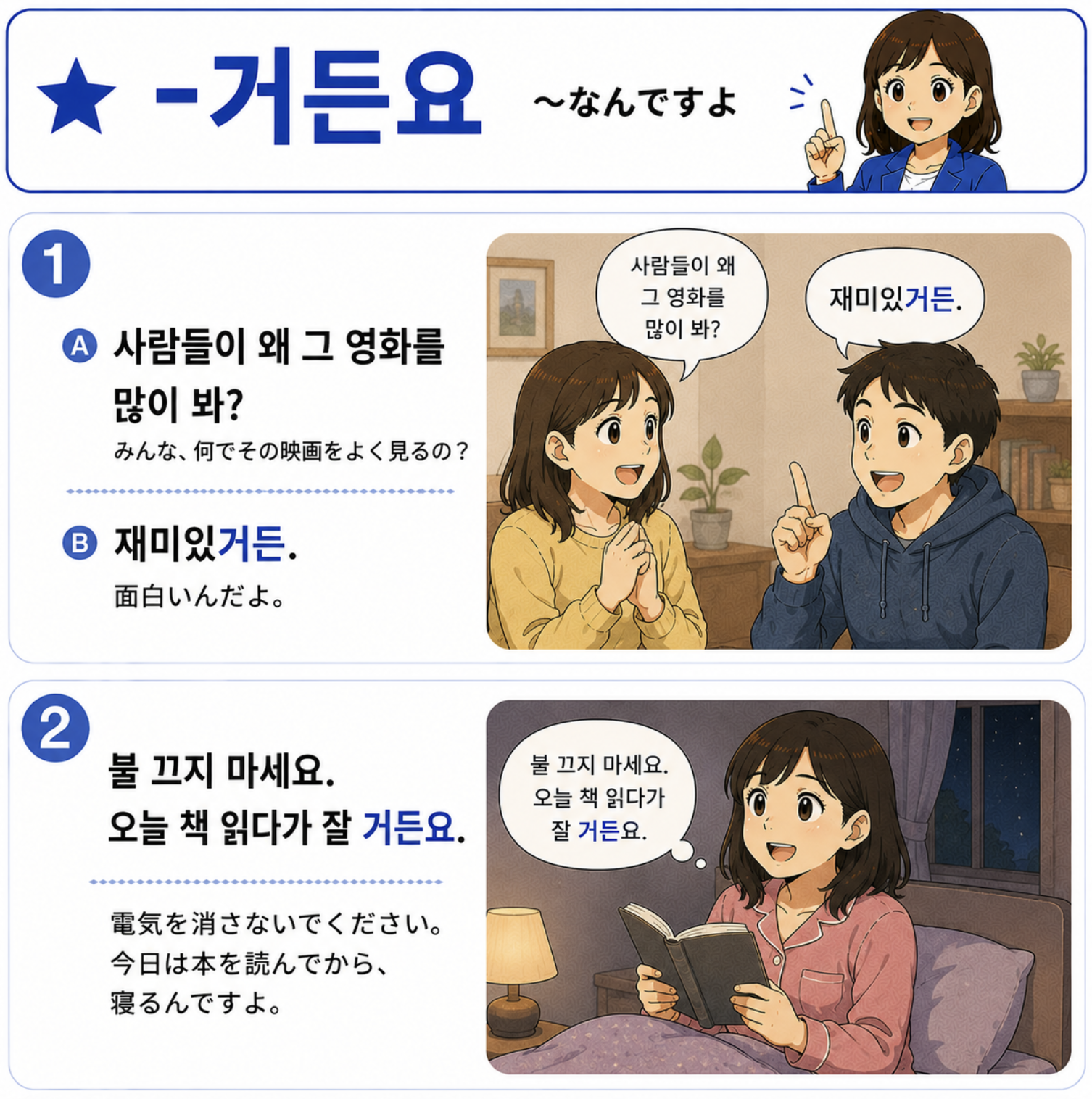 知らせ＋理由の韓国語文法 : 거든요 ～なんですよ